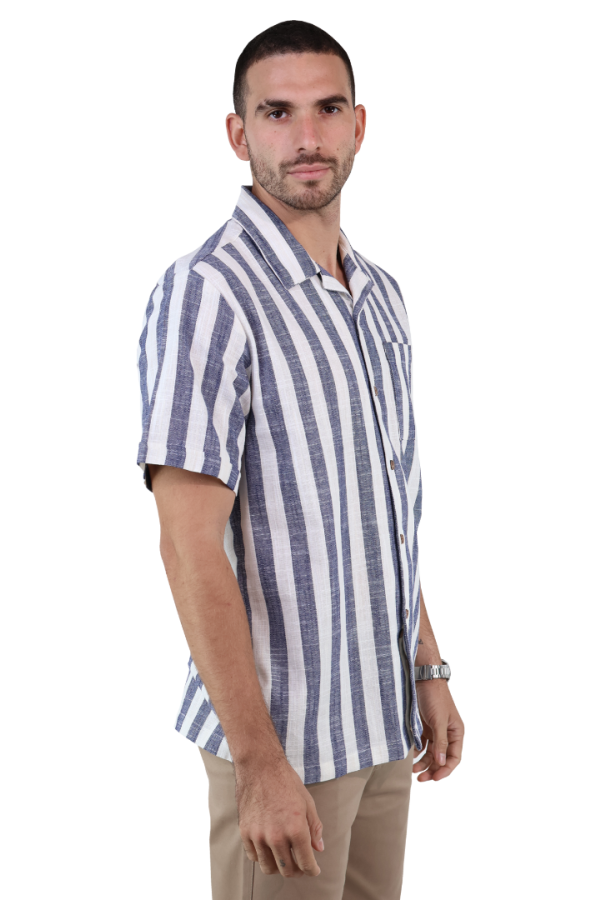 Camisa Resort Manga Corta De Algodón Estamado A Rayas Azules Para Hombre